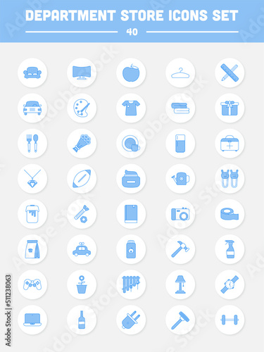 Different Store Category Item Blue Icon Set On Grey Circle bAckground.