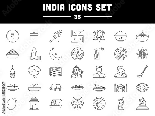 India Lifestyle And Culture Icon Set In Line Art.