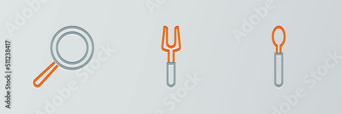 Set line Spoon, Frying pan and Barbecue fork icon. Vector