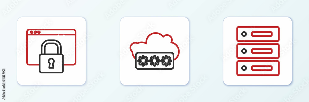 Set line Server, Data, Web Hosting, Secure your site with HTTPS, SSL and Password protection icon. Vector Set line Server, Data, Web Hosting, Secure your site with HTTPS, SSL and Password protection icon. Vector