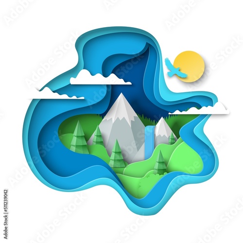 Mountains art papercut background 3d nature vector