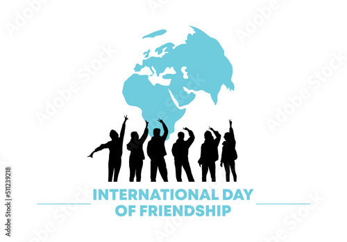 International friendship day background banner poster with group of friends and world map isolated on white background.