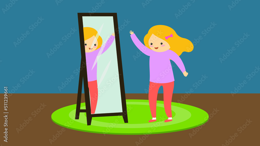 Girl stands in front of a mirror with her hand raised Girl stands in front of a mirror with her hand raised