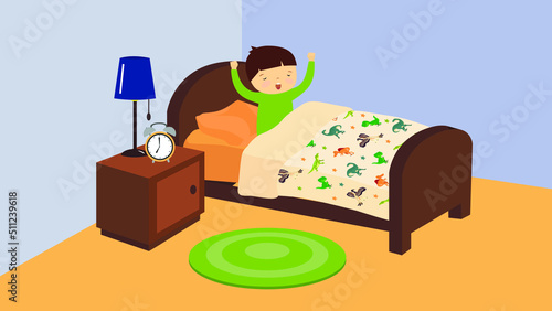 The child woke up and gets out of bed