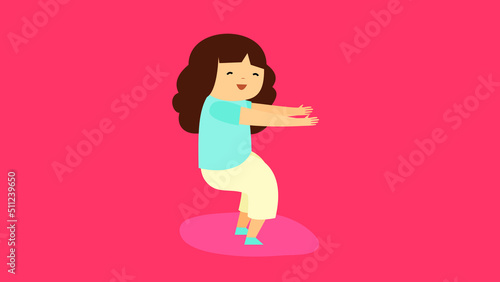 The girl performs squats, straightening her arms forward