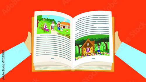 Open book with fabulous illustrations in hands