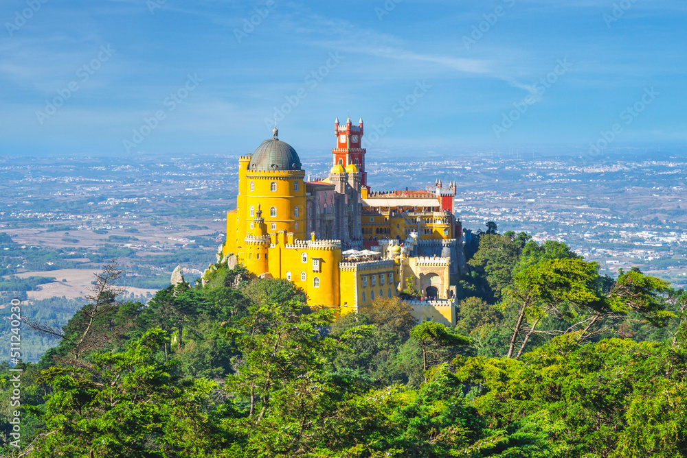 pena palace on the top of hill in sintra, portugal
