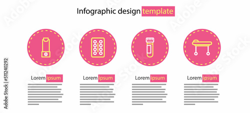 Set line Test tube with blood, Stretcher, Pills in blister pack and Inhaler icon. Vector