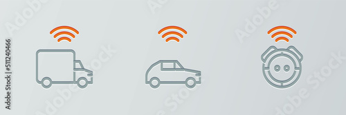 Set line Robot vacuum cleaner, Smart truck and car system with wireless icon. Vector