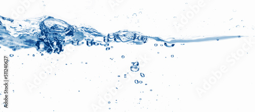 closeup of an isolated waterline wave with water bubbles and drops on white background, abstract water background concept for moisturizer, pharmacy or sustainable water resource