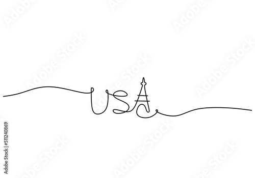 One continuous single line drawing of american independence day with usa word isolated on white background.