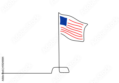 One continuous single line drawing of american independence day with united states flag isolated on white background.
