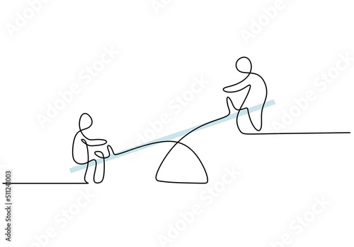 One continuous single line hand drawing of playgroup games with kids play see saw isolated on white background.