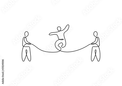 One continuous single line hand drawing of playgroup games with children playing jump rope isolated on white background.