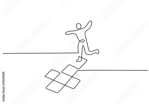 One continuous single line hand drawing of playgroup games with kid play jumping isolated on white background.