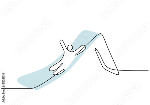 One continuous single line hand drawing of playgroup games with kid play slide isolated on white background.