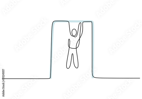 One continuous single line hand drawing of playgroup games with kid play hanging isolated on white background.