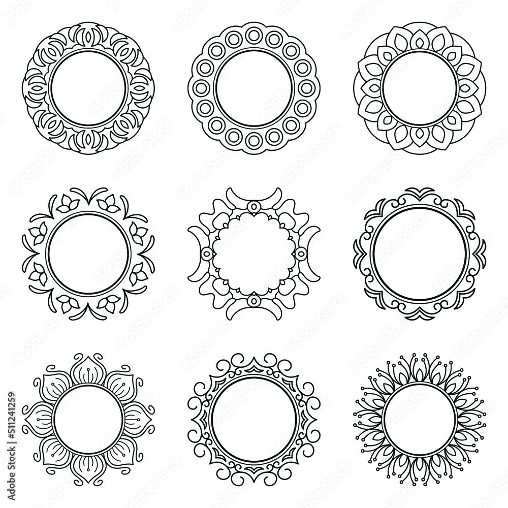 Set of decorative round frames with mandala ornament. Print template for postcards,
invitations, books, textiles, and engraving. Set of decorative round frames with mandala ornament. Print template for postcards,
invitations, books, textiles, and engraving.