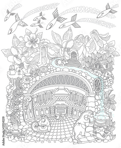 Raid of fantasy flying monsters on a fairy tale castle, a safe underground shelter for dragon family with kitchen furniture. Adults coloring book page