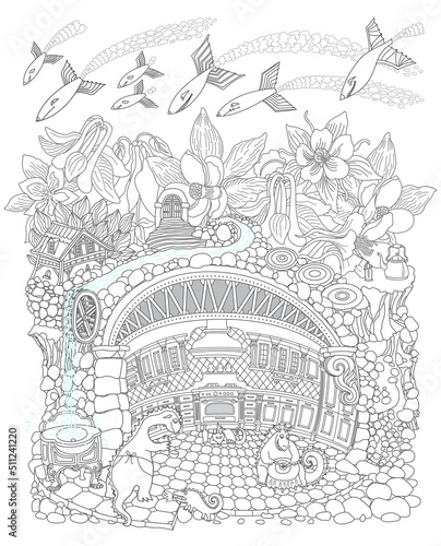 Raid of fantasy flying monsters on a fairy tale castle, a safe underground shelter for dragon family with kitchen furniture. Adults coloring book page