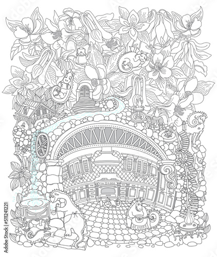 Fairy tale aquilegia flowers and underground Dragon beast family apartment in the old medieval cave Kitchen. Adults coloring book page