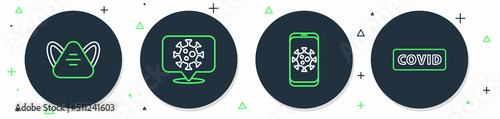 Set line Corona virus on location, Virus statistics mobile, Medical protective mask and covid-19 icon. Vector
