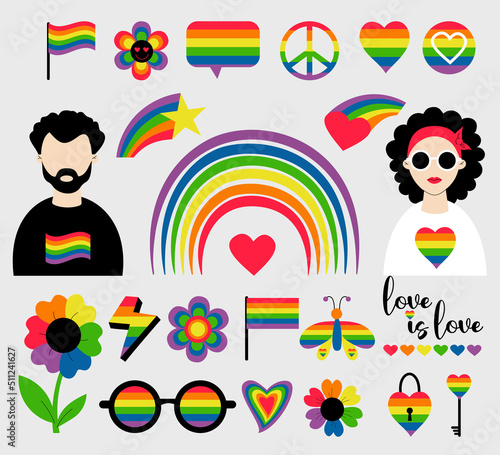 LGBT Pride Month collection. LGBTQ community vector symbols, light skinned lesbian girl and gay man, pride flag, retro rainbow and love elements, heart. Gay Pride Month, groovy celebration. LGBT icons