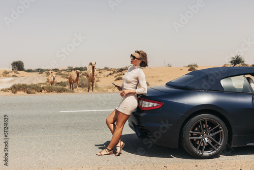 A young woman got out of the car during the stop and watches the camels by the road, takes a photo on her smartphone