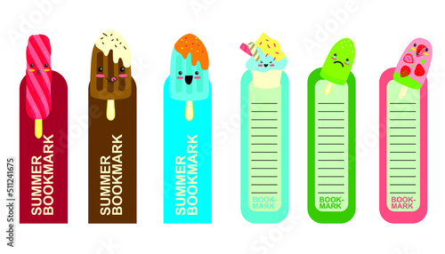 Set of 6 coloured bookmarks with ice creams. Flat illustration with doodle elements. Bookmarks isolated on a white background.