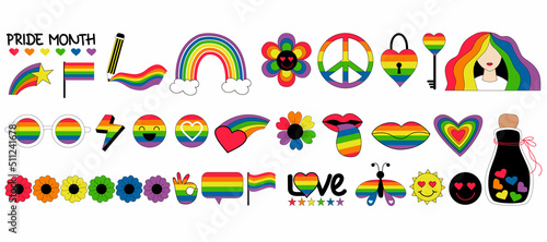 Wallpaper Mural Big set LGBT badges.LGBTQ community vector symbols and LGBT Pride Month icons with pride flags, rainbow elements, heart, reconciliation symbol, romantic love element. Gay Pride, groovy celebration Torontodigital.ca
