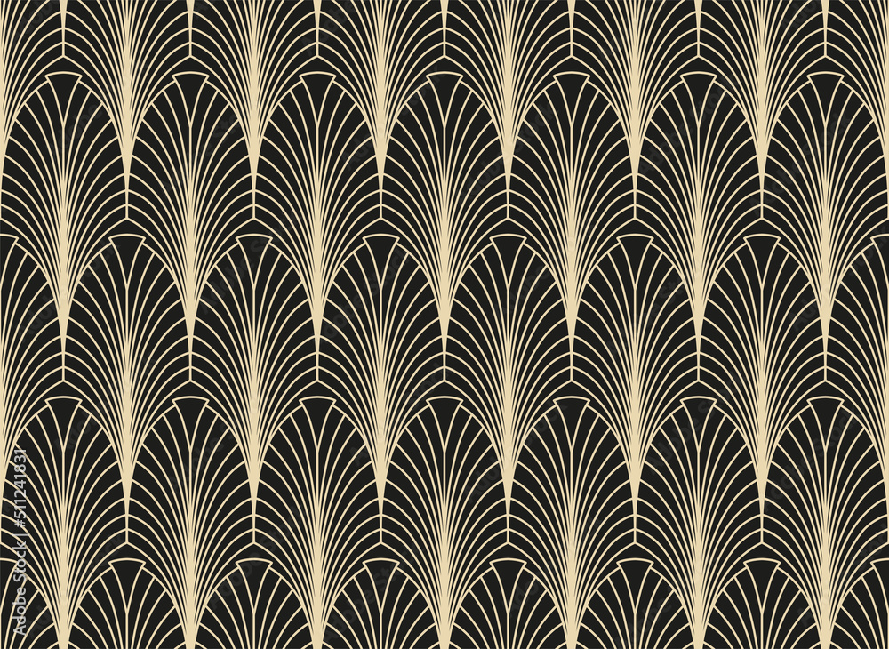 Fototapeta Vektor-Illustration eines nahtlosen, dekorativen, geometrischen, hell gold und schwarzen Art-Déco-Musters der 20er Jahre mit Fächern