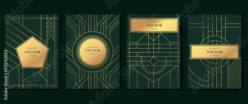 Luxury invitation card vector template collection. Art deco pattern background with line, geometric shapes, polygon. Set of elegant geometry poster illustration design for wedding, greeting, flyer.