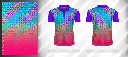 Vector sport pattern design template for Polo T-shirt front and back view mockup. Purple-blue sky-pink color gradient abstract grid plaid texture background illustration.