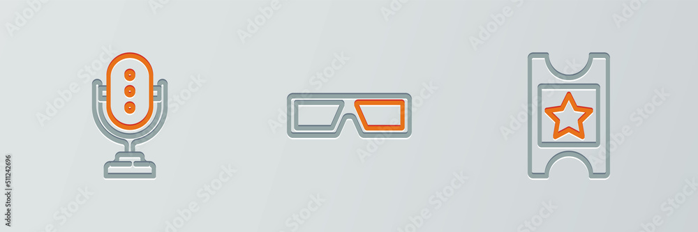 Set line Cinema ticket, Microphone and 3D cinema glasses icon. Vector Set line Cinema ticket, Microphone and 3D cinema glasses icon. Vector