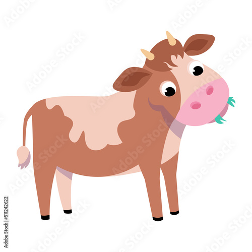 Funny calf chews grass. Animals on white background. Isolated image. Vector color illustration in cartoon style. Picture for design