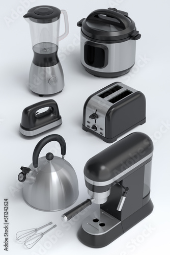 Electric kitchen appliances and utensils for making breakfast on white