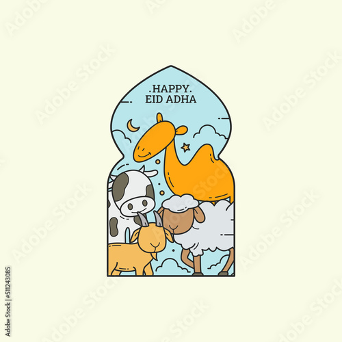 Happy eid adha mubarak greeting card with animal sacrifice in line art style vector illustration