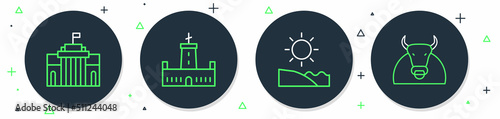 Set line Montjuic castle, Beach, Prado museum and Bull icon. Vector