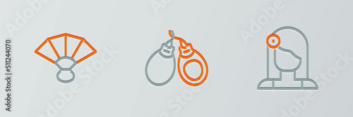 Set line Spanish woman, Fan flamenco and Castanets icon. Vector