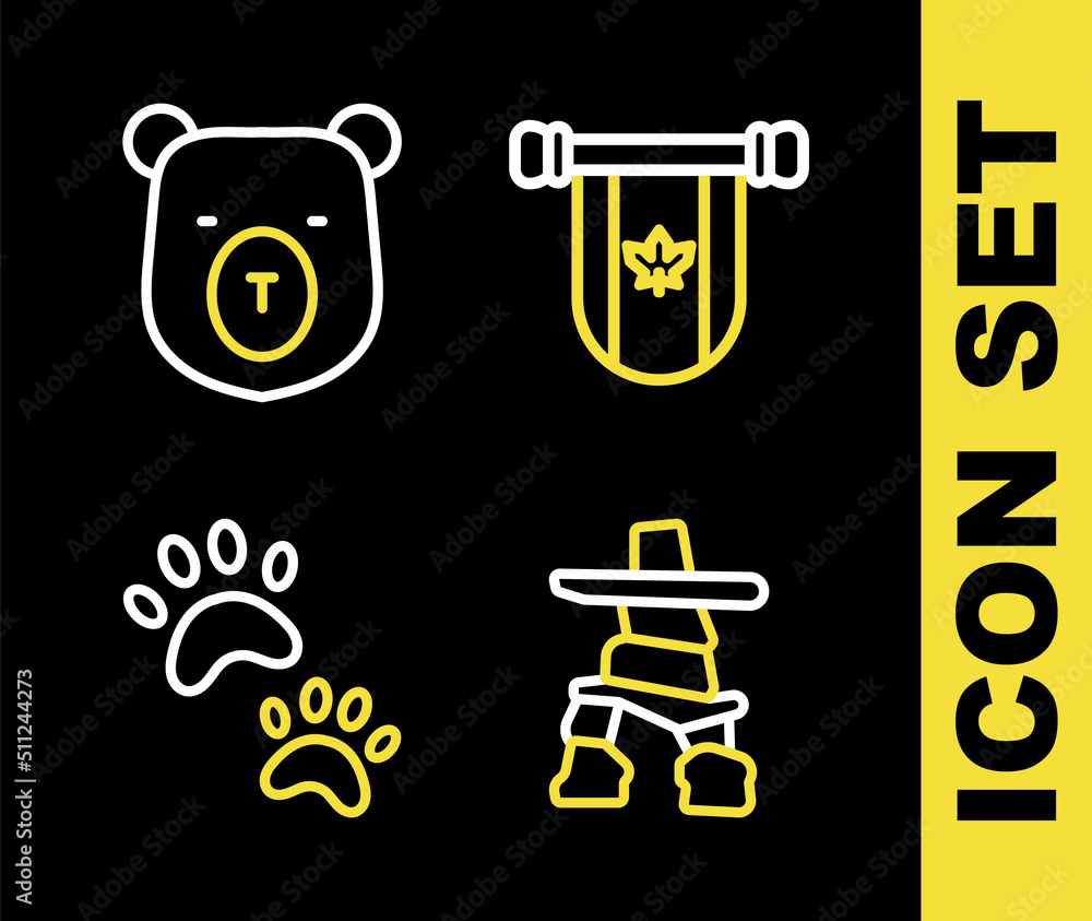 Set line Pennant Canada, Inukshuk, Paw print and Bear head icon. Vector Set line Pennant Canada, Inukshuk, Paw print and Bear head icon. Vector