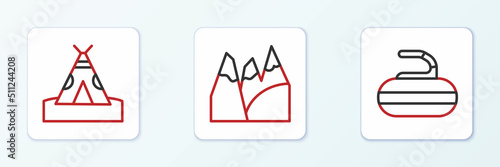 Set line Stone for curling, Indian teepee wigwam and Mountains icon. Vector