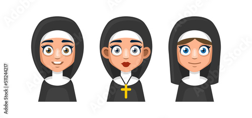 Cute Cartoon Style Nun Icons Set. Vector