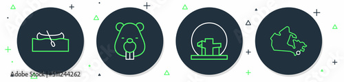 Set line Beaver animal, Montreal Biosphere, Kayak or canoe and Canada map icon. Vector