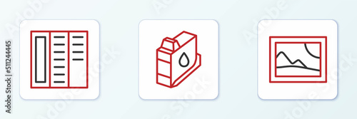 Set line Picture landscape, Brochure and Printer ink cartridge icon. Vector
