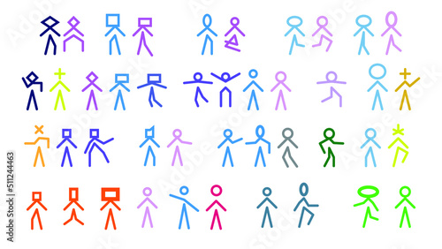 Simple modern stick figure icon vector illustration set on white. Colourful variations in different poses. Grid-based line drawings.