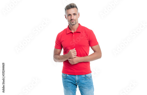 adult man with grizzled hair in red shirt isolated on white background