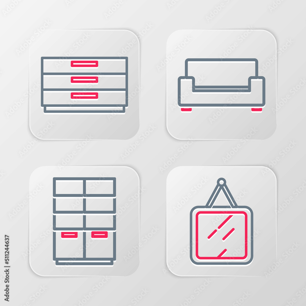 Set line Mirror, Wardrobe, Sofa and Chest drawers icon. Vector Set line Mirror, Wardrobe, Sofa and Chest drawers icon. Vector