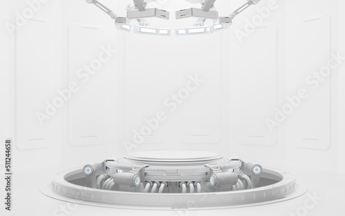 Fototapeta Naklejka Na Ścianę i Meble -  3D Rendering of white bright theme sci fi pedestal in scientific laboratory with mechanical robot arms holder and ceiling light. For technology product, crypto currency,  high tech background