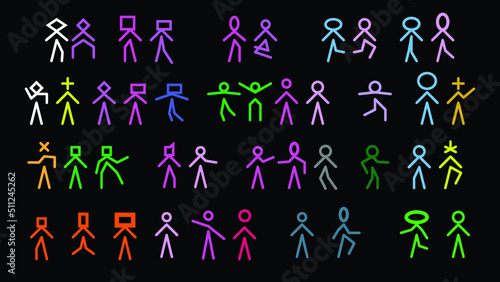 Simple and modern stick man icon vector illustration set on black. Variations of colours and head shapes in different poses.