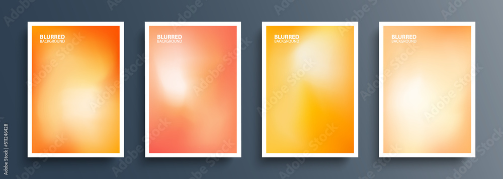 Set of orange color blurred backgrounds with modern abstract soft orange color gradient patterns. Templates collection for brochures, posters, banners, flyers and cards. Vector illustration. - obrazy, fototapety, plakaty 